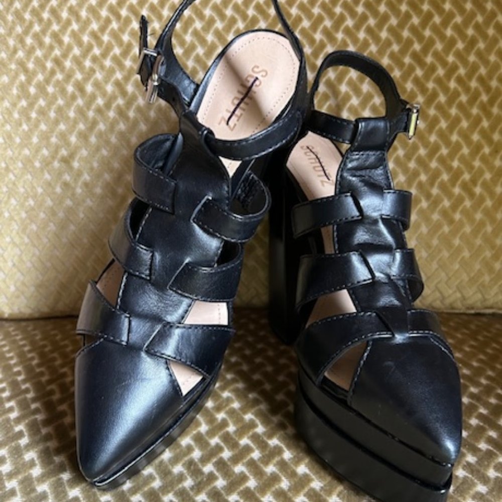 Free People x Schutz Rich Black Leather Daryl Platform Strap High Heel Sandals
